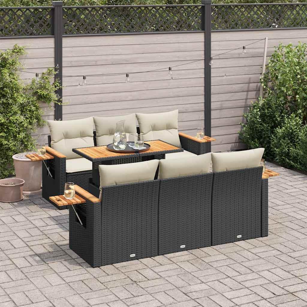 Sofasæt til haven 7 dele med hynder polyrattan akacietræ sort