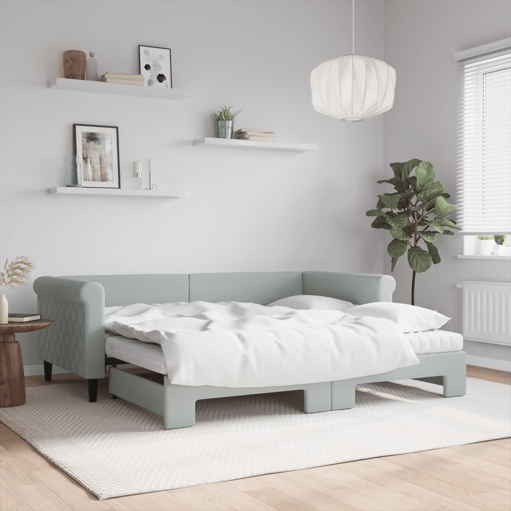 Daybed Velour Lysegrå - med udtræk og madras / 90 x 190 cm