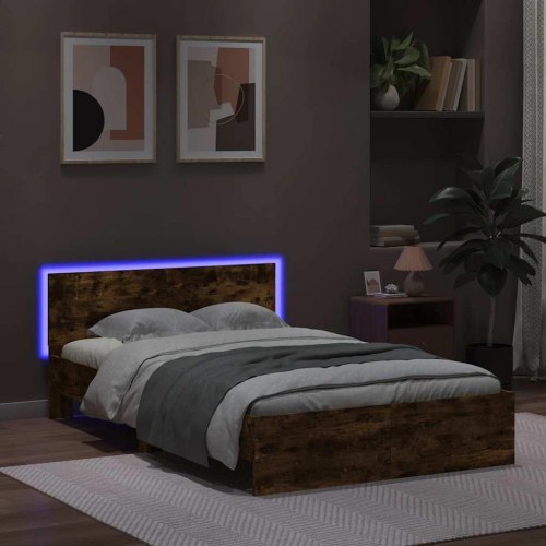Sengeramme med sengegavl og LED-lys 140 x 200 cm - røget egetræ