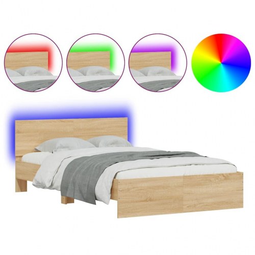 Sengeramme med sengegavl og LED-lys 120 x 200 cm - sonoma-eg