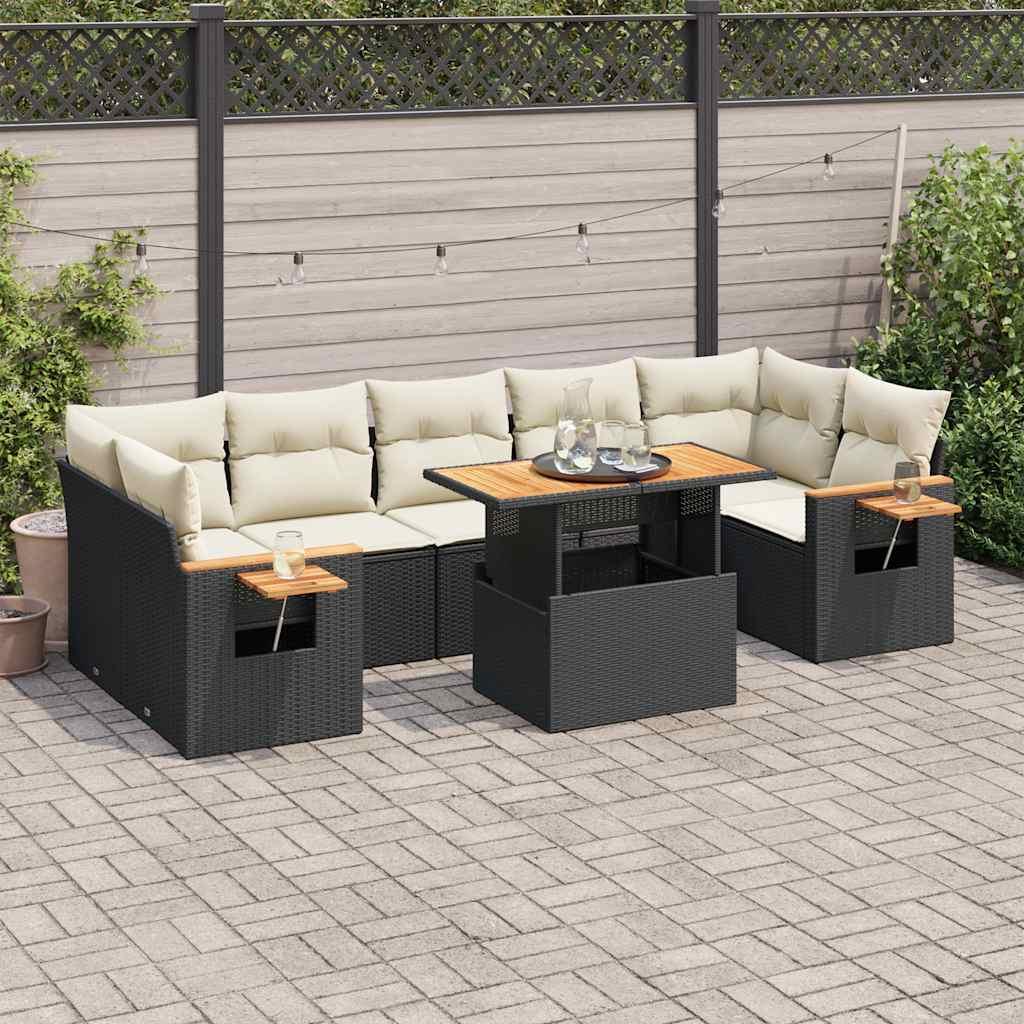 Sofasæt Til Haven 8 Dele Med Hynder Polyrattan Sort - Sort og cremefarvet / med opbevaring