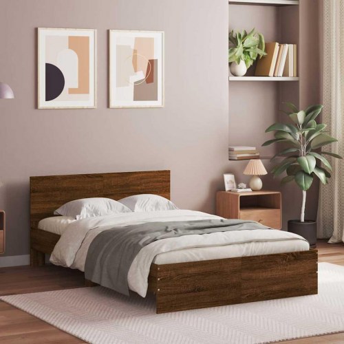 Sengeramme med gavl og LED-lys 140 x 190 cm - brun egetræ