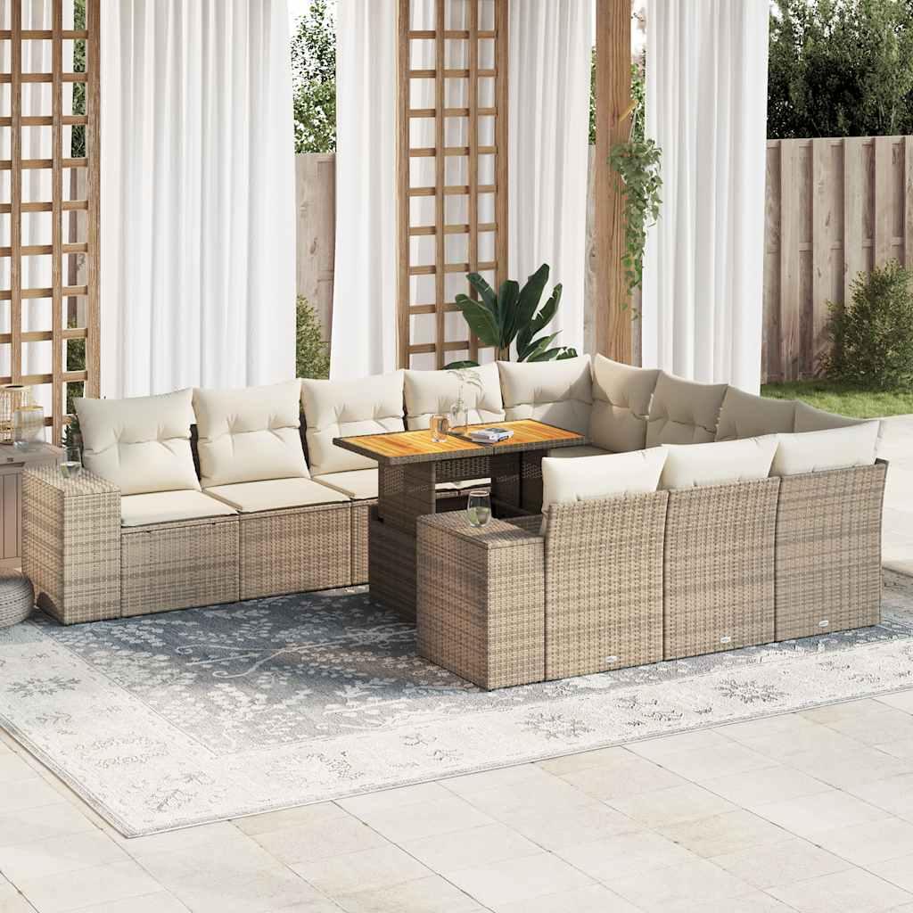 Sofasæt til haven 10 dele med hynder i polyrattan og akacietræ - beige