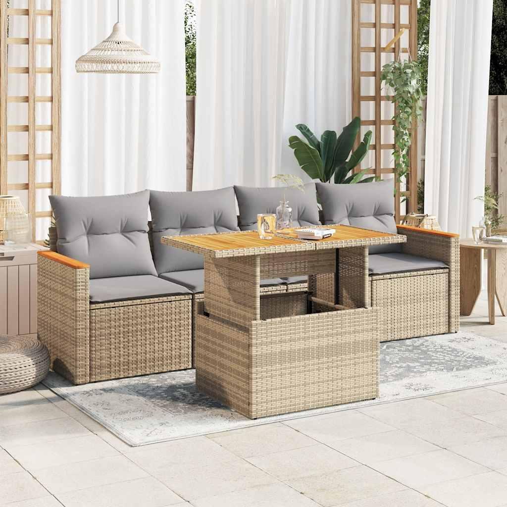 Sofasæt Til Haven 5 Dele Med Hynder Polyrattan - beige og grå / med opbevaring