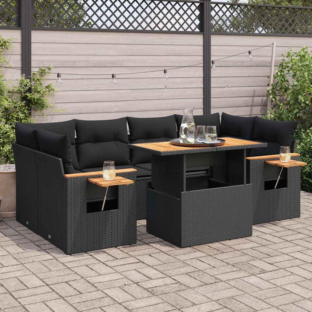 Sofasæt til haven 7 dele med hynder polyrattan akacietræ sort