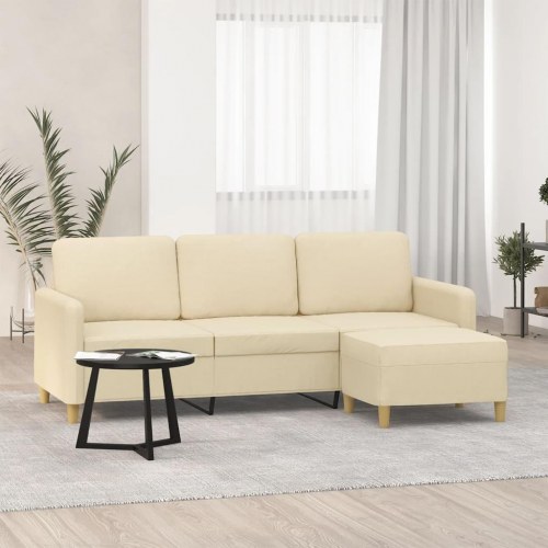 3-personers sofa med fodskammel i stof - cremefarvet, 198 cm