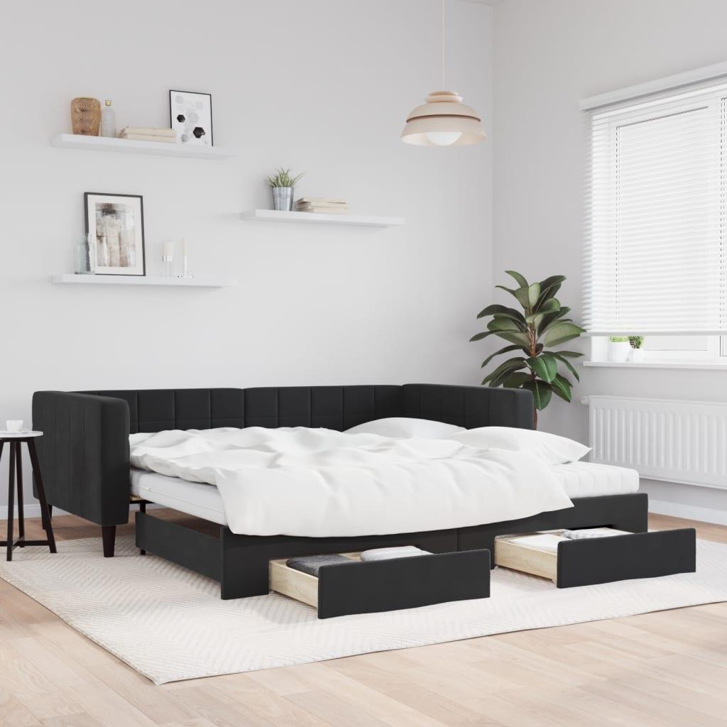 Daybed Velour Sort - med udtræk og skuffe og madras / 100 x 200 cm