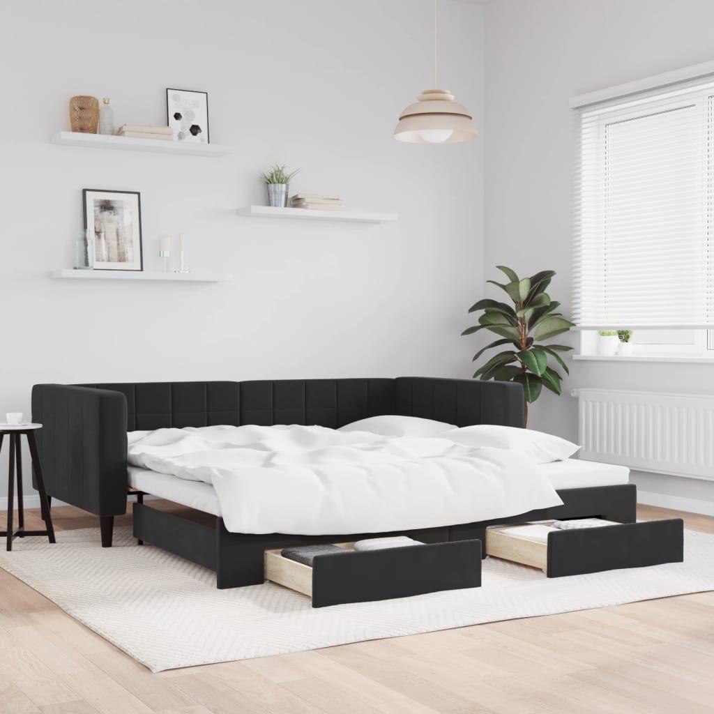 daybed med udtræk og skuffer 100x200 cm velour sort