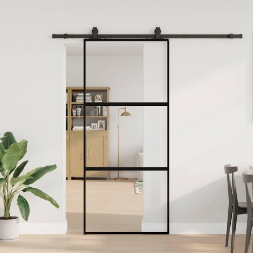 Skydedør med hardwaresæt 90x205 cm hærdet glas sort