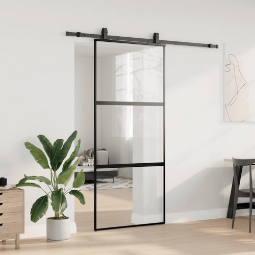 Skydedør med hardwaresæt 90x205 cm hærdet glas sort