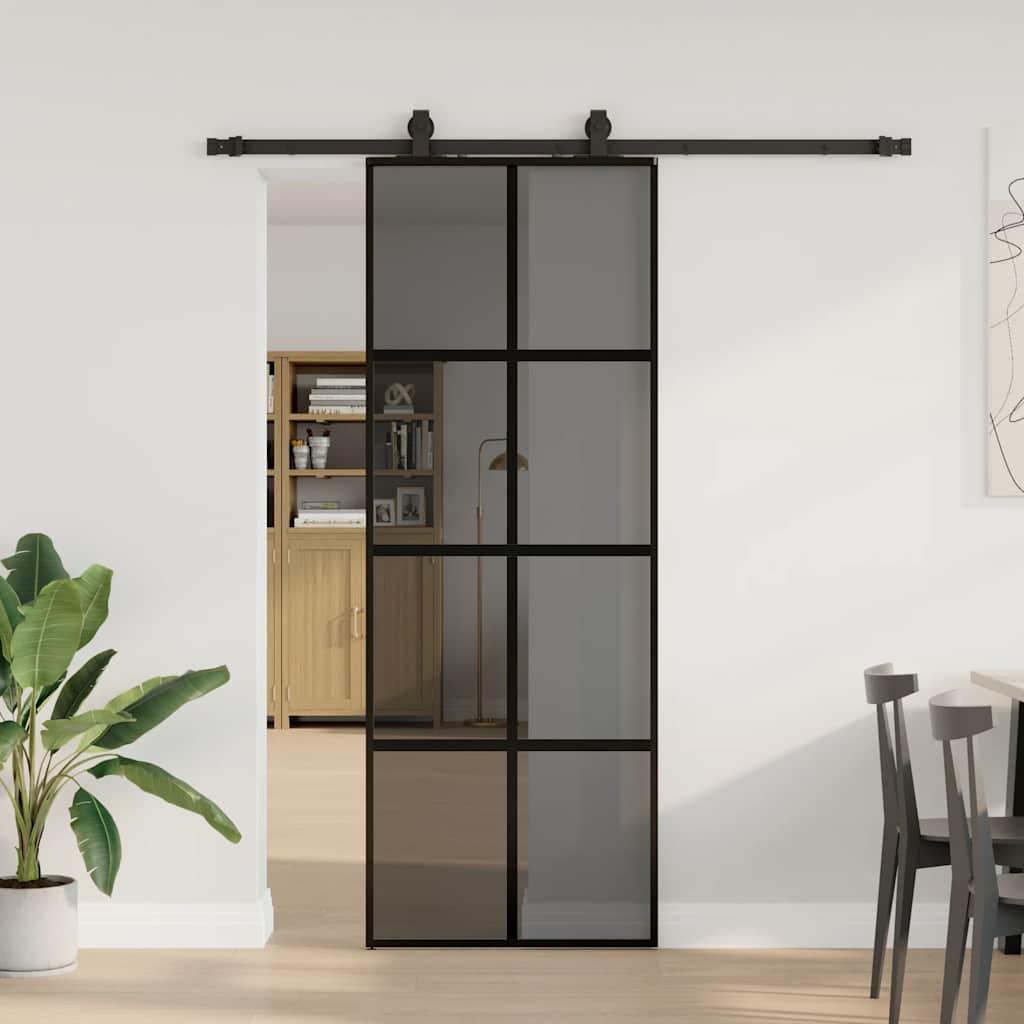 Skydedør i sort hærdet glas 76×205 cm med hardwaresæt
