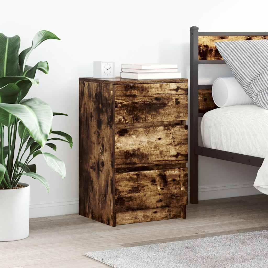Sengeborde med 3 skuffer 2 stk. 39x35x65 cm rÃ¸get egetrÃ¦sfarve