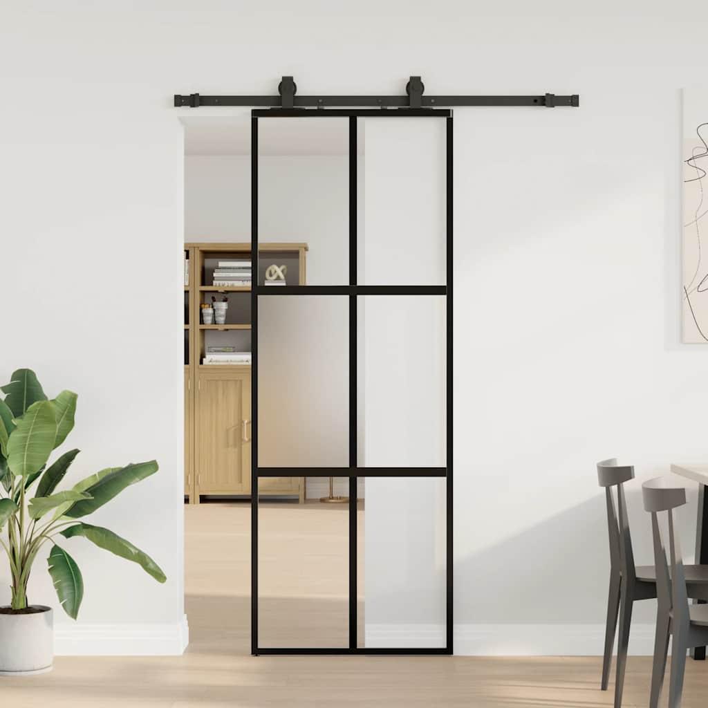 Skydedør i sort aluminium med hærdet glas 76 × 205 cm - inkl. hardwaresæt