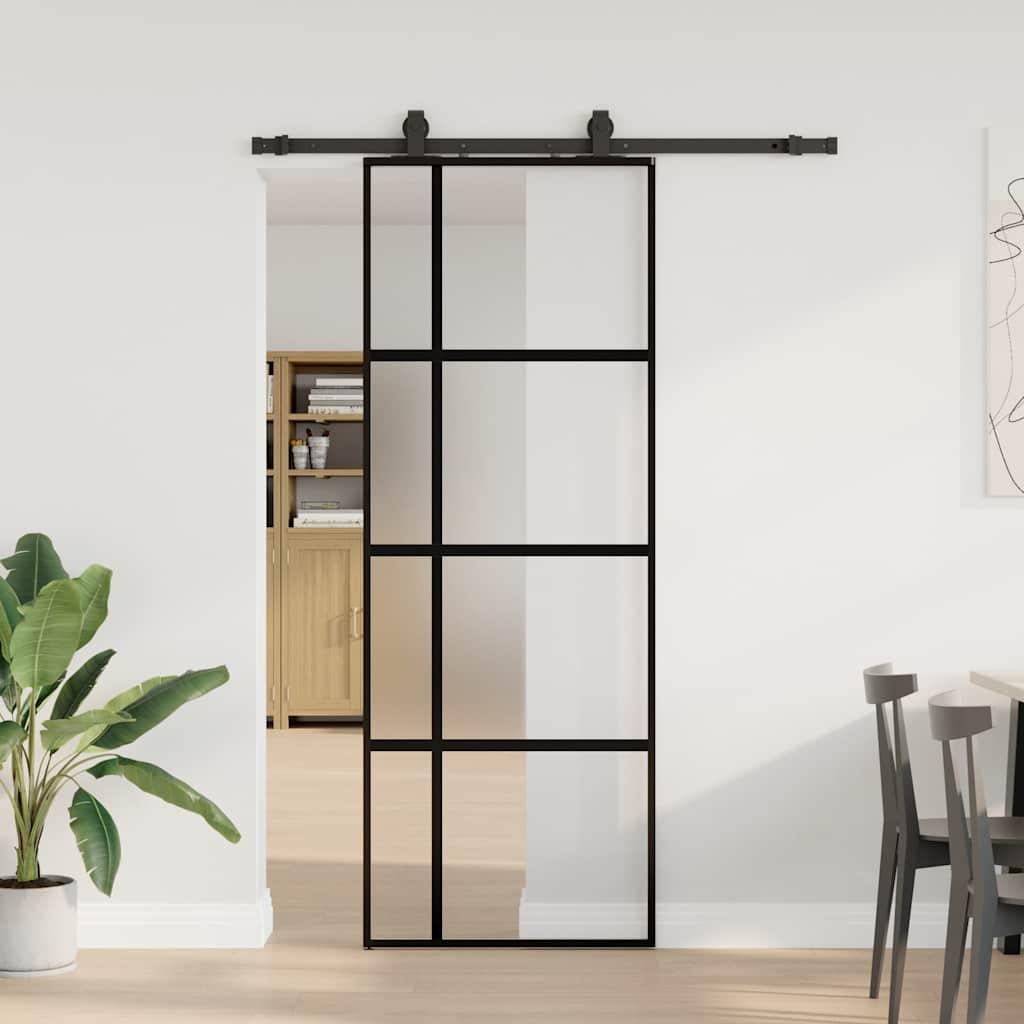Skydedør 76×205 cm i hærdet glas - sort inkl. hardwaresæt