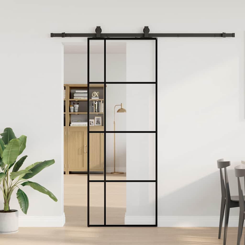Skydedør i ESG glas 76×205 cm med sort hardwaresæt