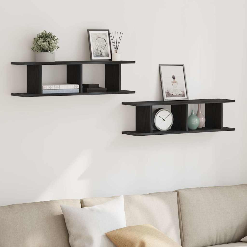 Væghylder 2 stk. 75x18x20 cm konstrueret træ sort egetræ