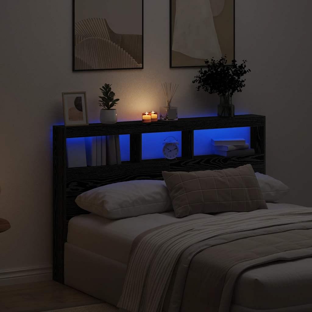 Sengegavl Med Opbevaring Og Led-Lys Brunt Eg - Sort eg / 160 x 17 x 102 cm