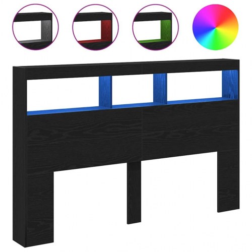 Sengegavl med opbevaring og LED-lys 160 x 17 x 102 cm - sort eg