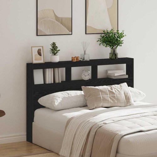 Sengegavl med opbevaring og LED-lys 160 x 17 x 102 cm - sort eg