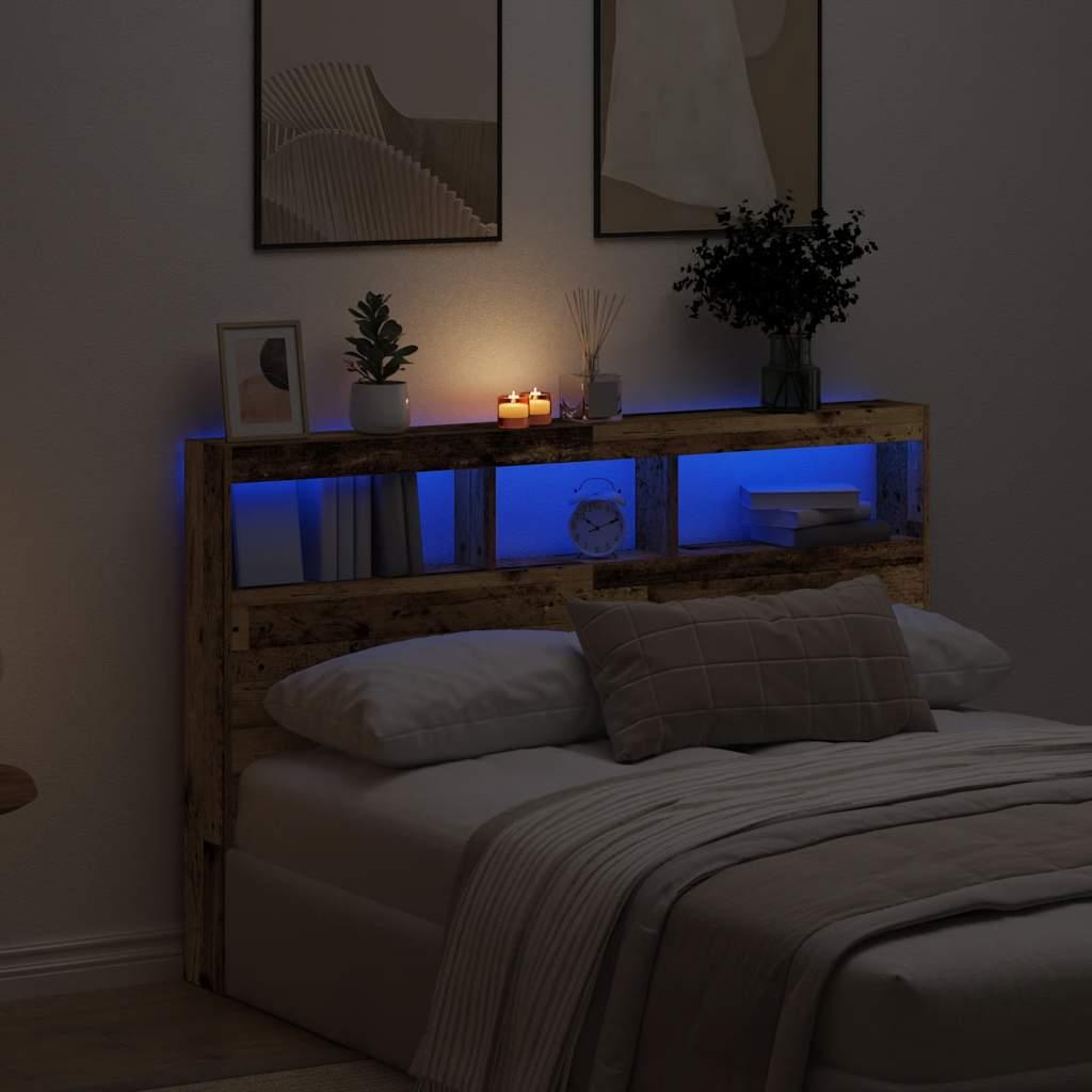 Sengegavl Med Opbevaring Og Led-Lys Brunt Eg - Gammelt træ / 160 x 17 x 102 cm