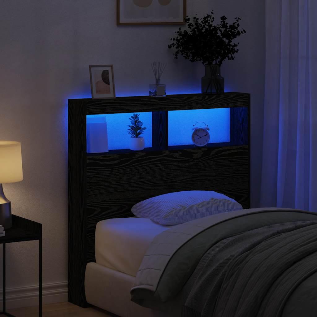 Sengegavl Med Opbevaring Og Led-Lys Brunt Eg - Sort eg / 100 x 17 x 102 cm
