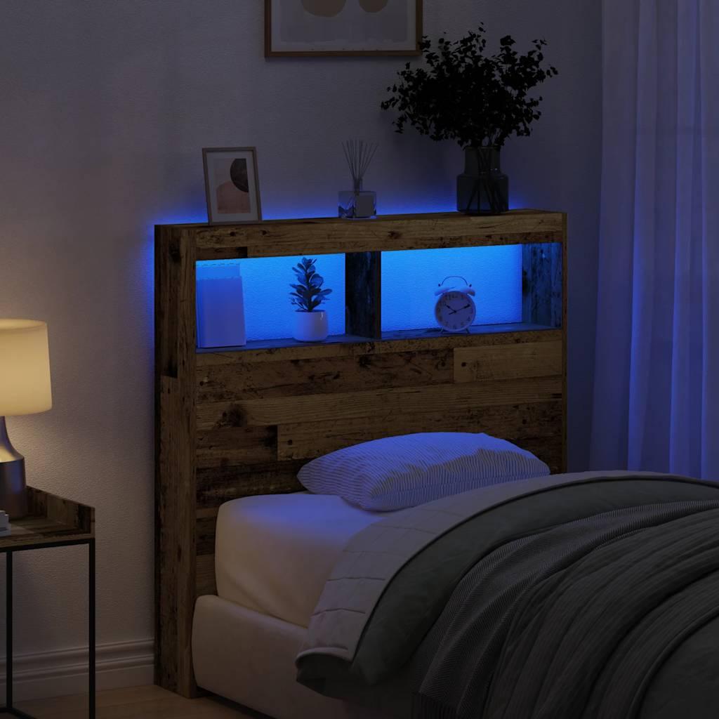 Sengegavl Med Opbevaring Og Led-Lys Brunt Eg - Gammelt træ / 100 x 17 x 102 cm