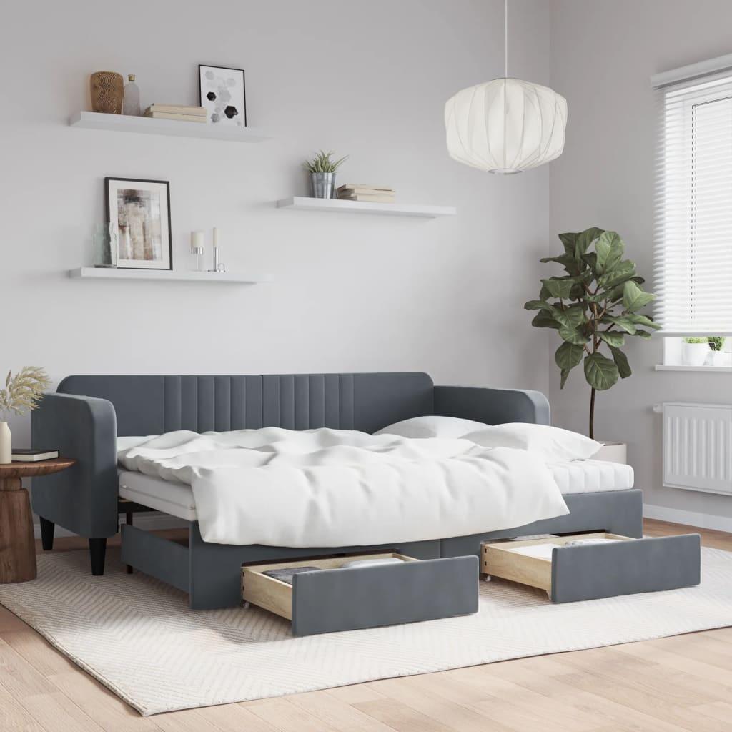 Daybed Velour Mørkegrå - med udtræk og skuffe og madras / 80 x 200 cm