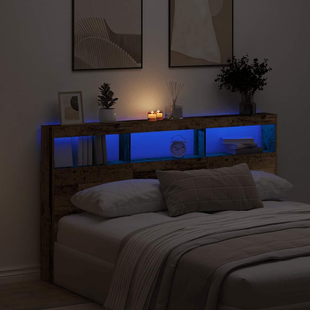 Sengegavl Med Opbevaring Og Led-Lys Brunt Eg - Gammelt træ / 180 x 17 x 102 cm