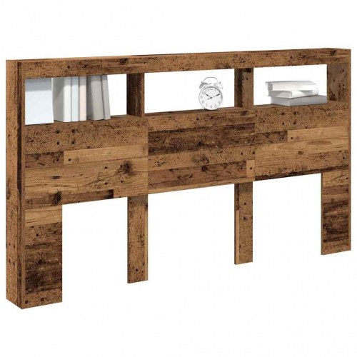 Sengegavl med opbevaring og LED-lys - antikt træ, 180 x 17 x 102 cm