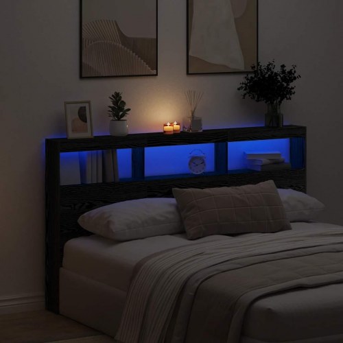 Sengegavl med opbevaring og LED-lys 180 x 17 x 102 cm - sort-eg