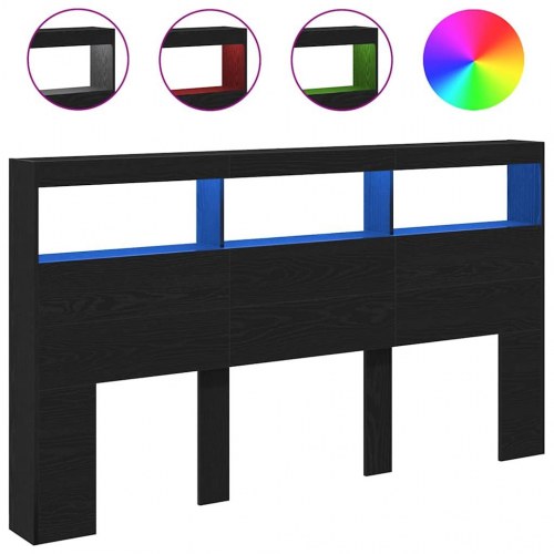 Sengegavl med opbevaring og LED-lys 180 x 17 x 102 cm - sort-eg