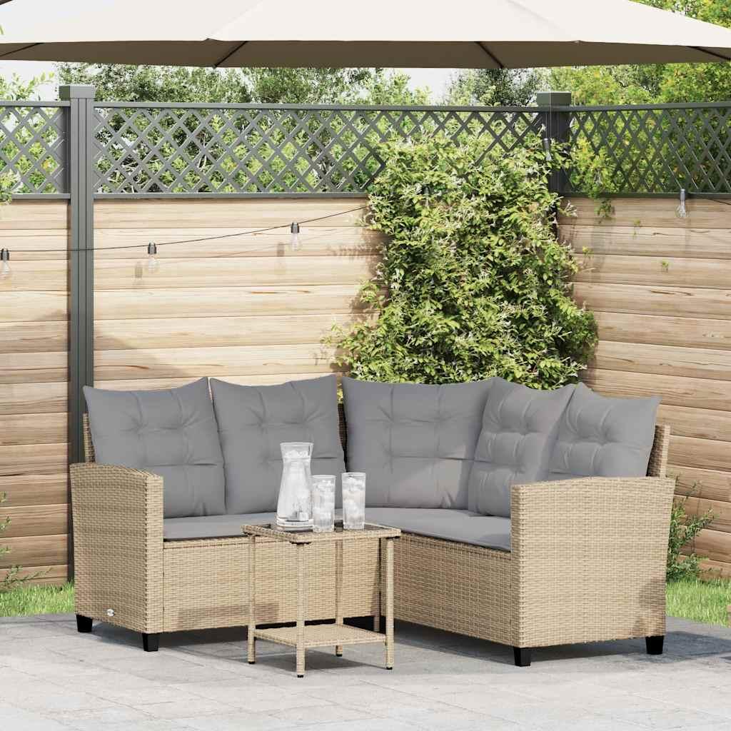 Havesofa med bord og hynder L-formet polyrattan beige