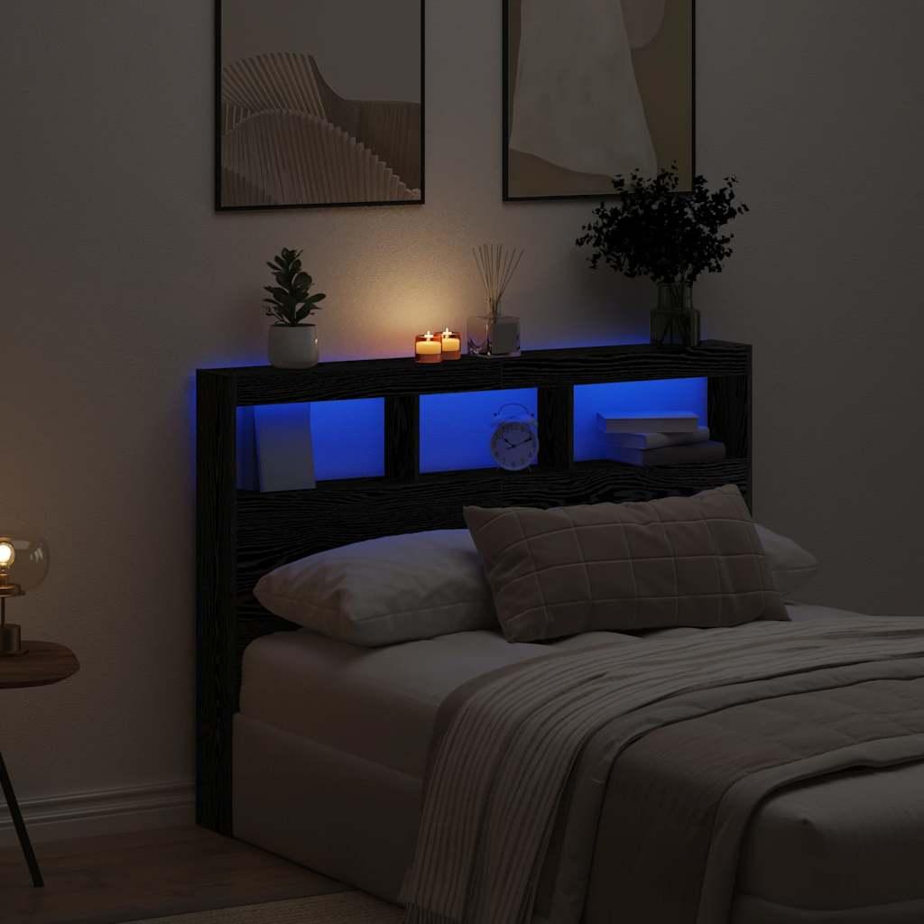 Sengegavl Med Opbevaring Og Led-Lys Brunt Eg - Sort eg / 140 x 17 x 102 cm