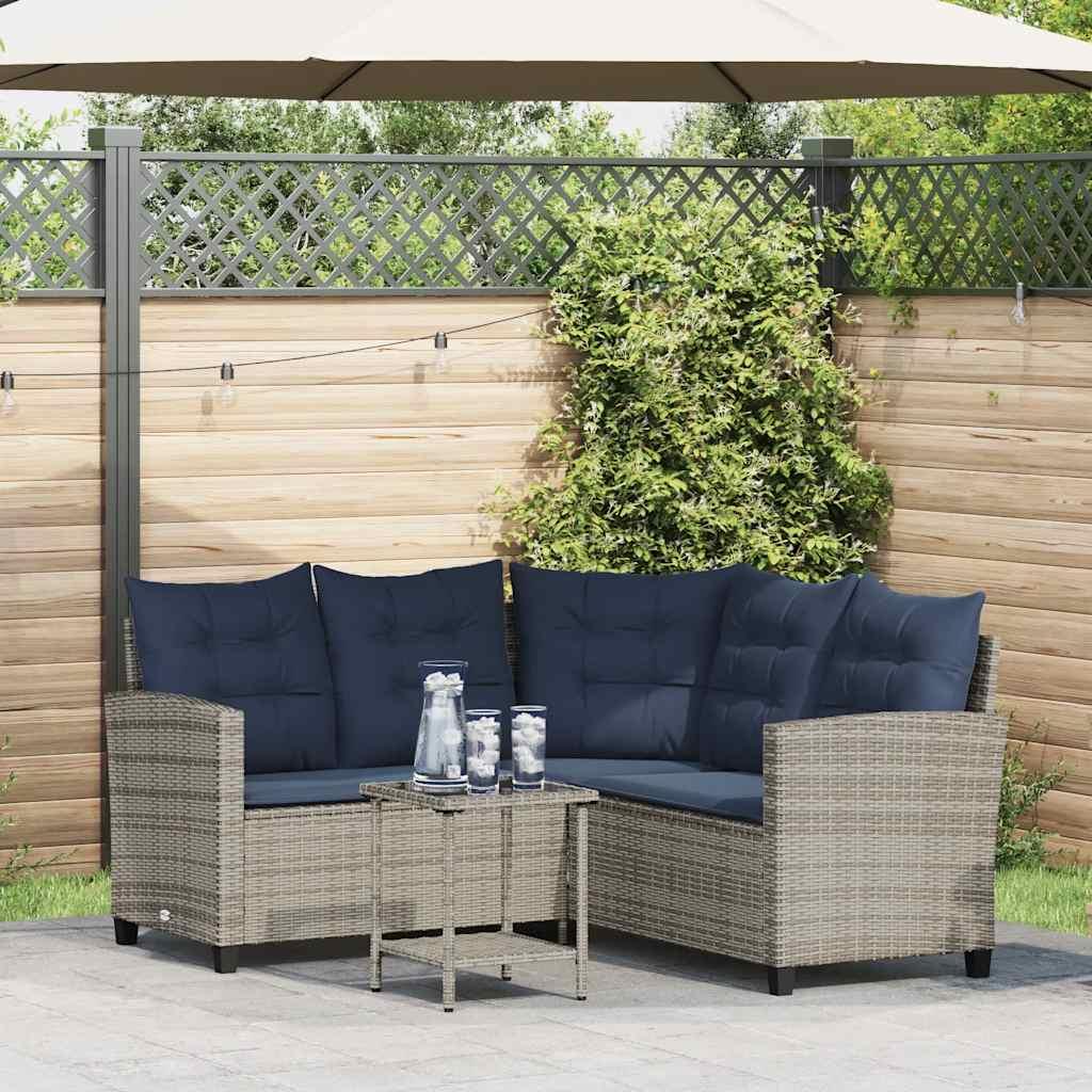 Havesofa med bord og hynder L-formet polyrattan grå