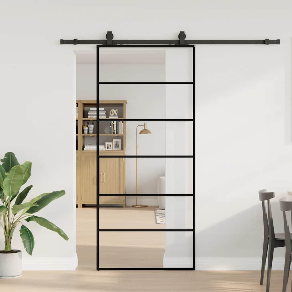 Skydedør med hardwaresæt 90x205 cm ESG glas sort