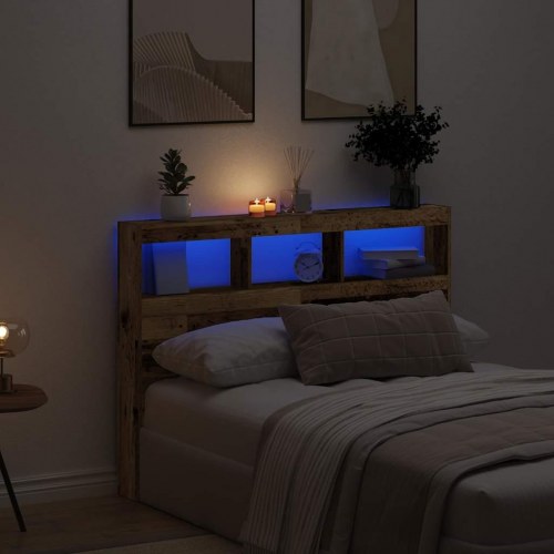 Sengegavl med opbevaring og LED-lys 140 x 17 x 102 cm - antikt træ