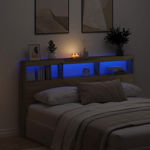 Sengegavl med opbevaring og LED-lys - kunsteg, 180 x 17 x 102 cm