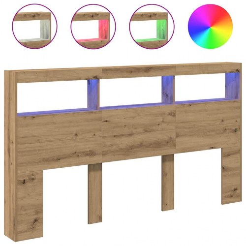 Sengegavl med opbevaring og LED-lys - kunsteg, 180 x 17 x 102 cm