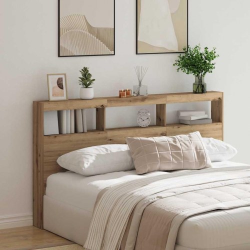 Sengegavl med opbevaring og LED-lys - kunsteg, 180 x 17 x 102 cm