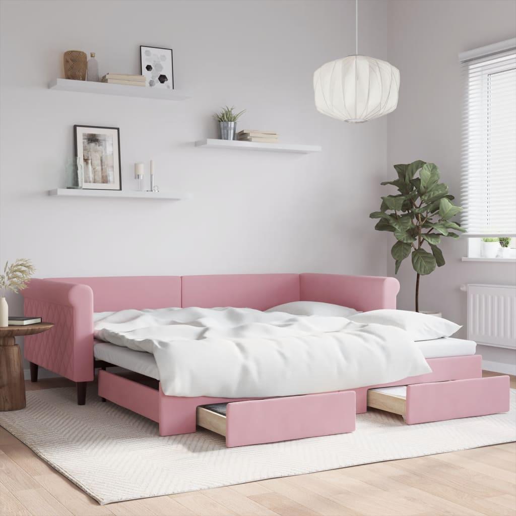 Daybed med udtræk og 2 skuffer 100 x 200 cm i velour - lyserød