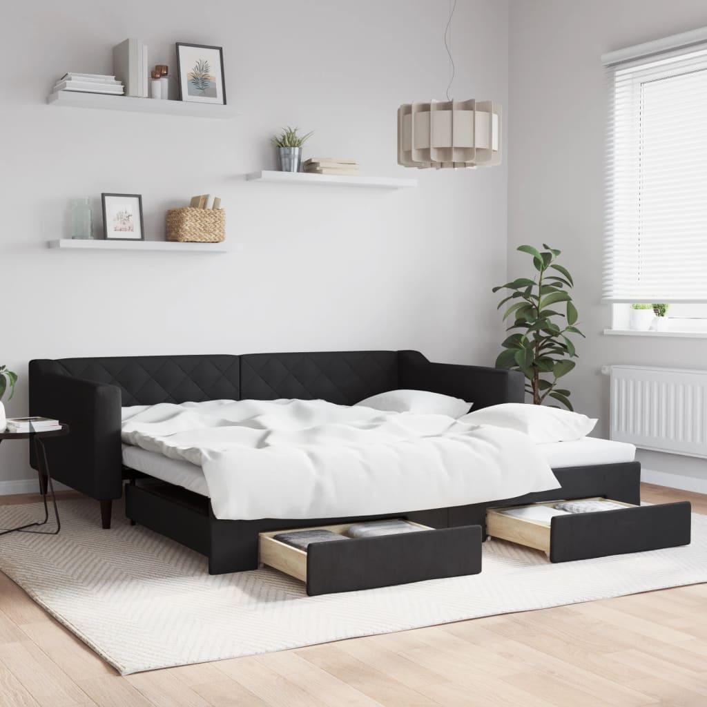 daybed med udtræk og skuffer 100x200 cm stof sort