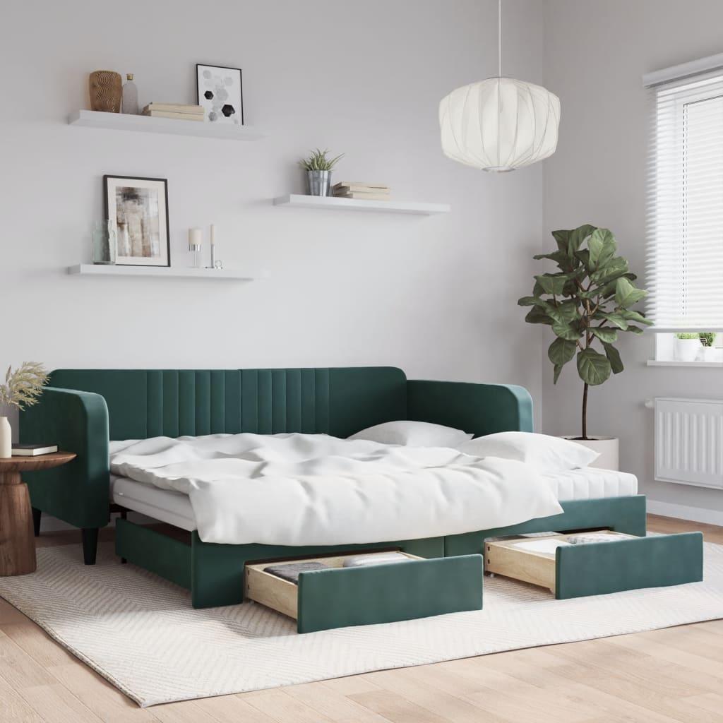 Daybed Velour Mørkegrøn - med udtræk og skuffe og madras / 100 x 200 cm