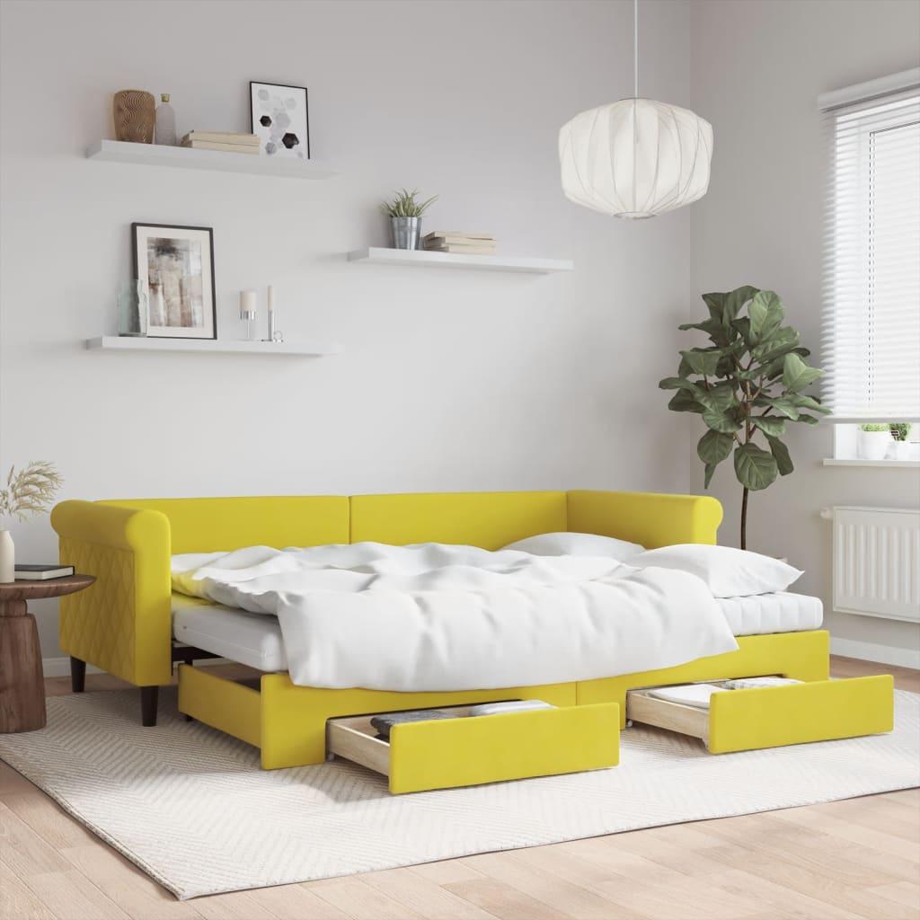 Daybed Velour Gul - med udtræk og skuffe og madras / 80 x 200 cm