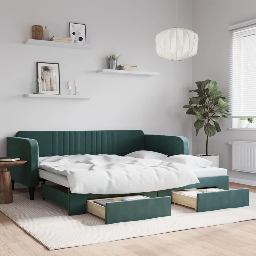 Daybed Velour Mørkegrøn - med udtræk og skuffe / 100 x 200 cm