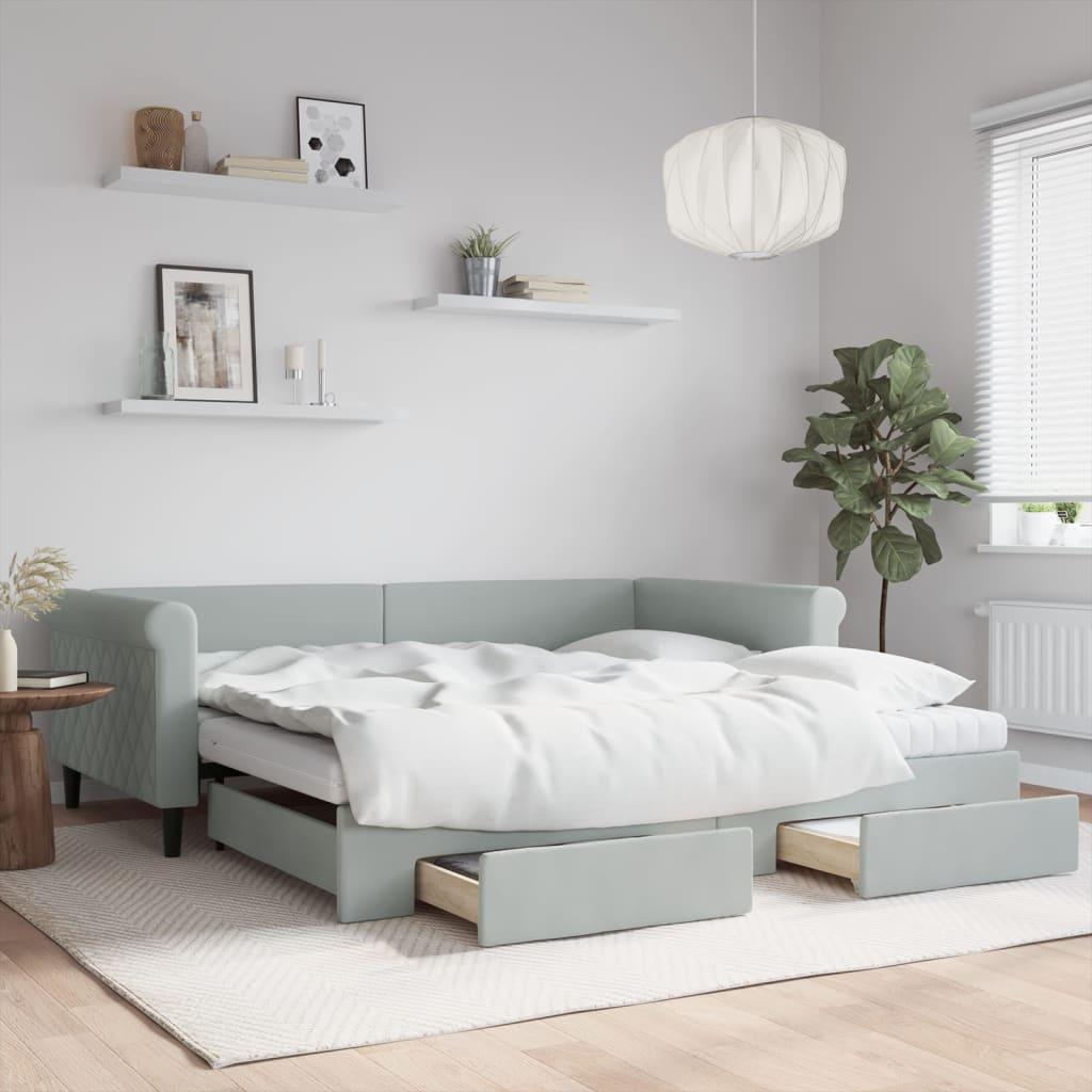 Daybed Velour Lysegrå - med udtræk og skuffe og madras / 100 x 200 cm