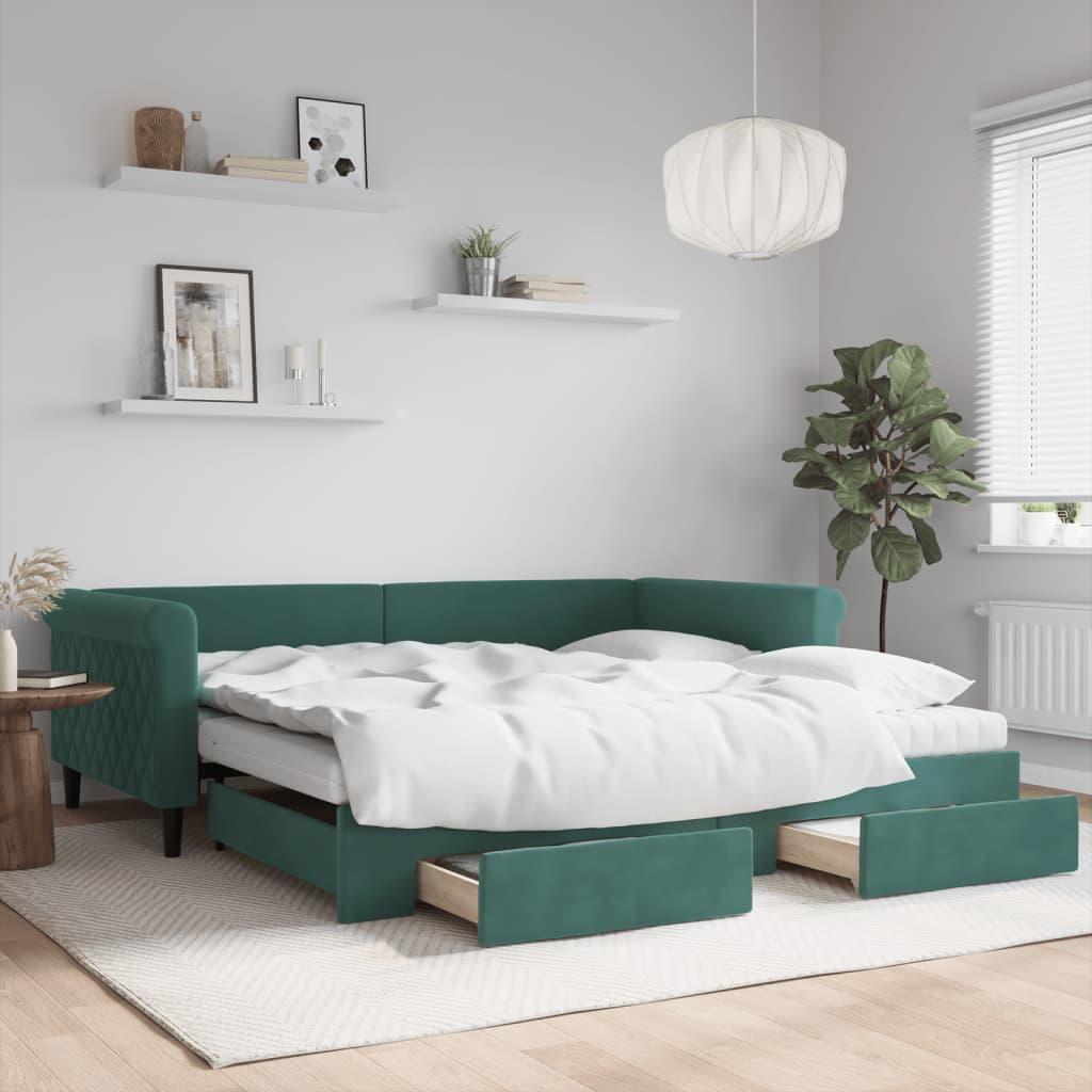 Daybed Velour Mørkegrøn - med udtræk og skuffe og madras / 100 x 200 cm