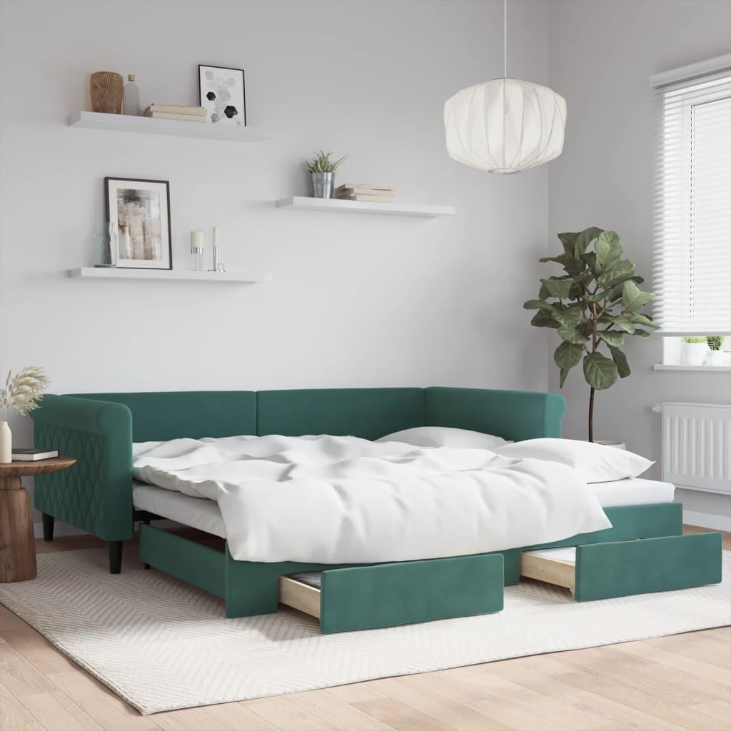 daybed med udtræk og skuffer 100x200 cm velour mørkegrøn
