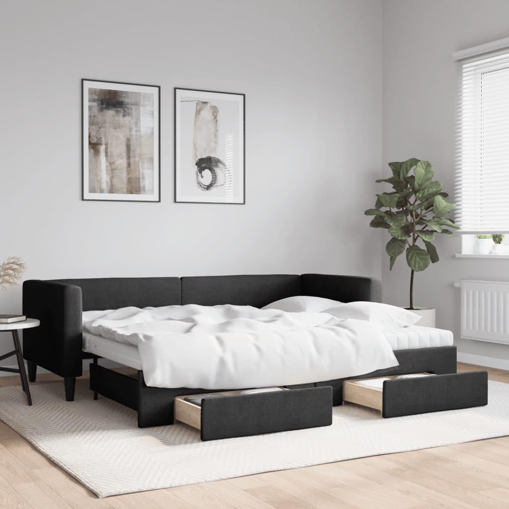 Daybed Stof Sort - med udtræk og skuffe / 80 x 200 cm
