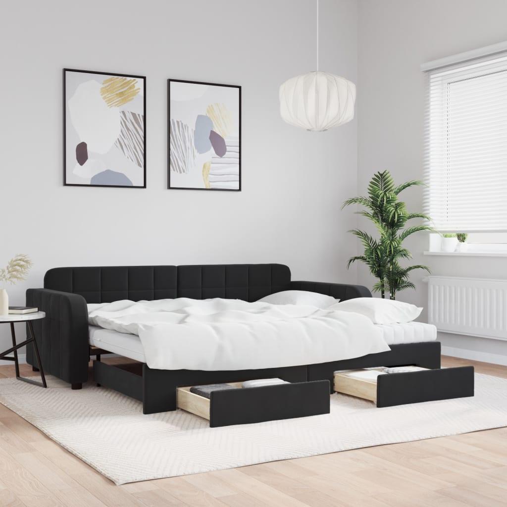 Daybed Velour Sort - med udtræk og skuffe og madras / 90 x 190 cm