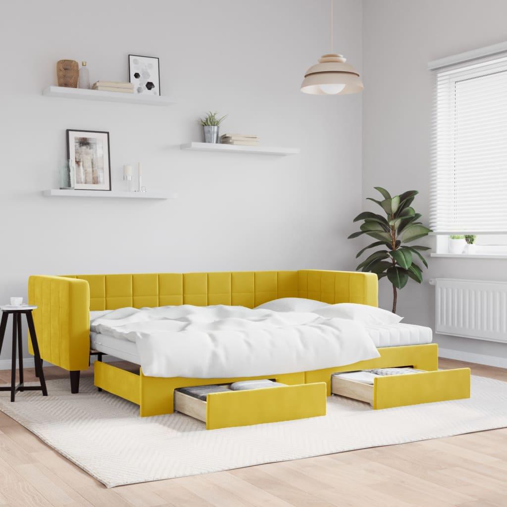 Daybed Velour Gul - med udtræk og skuffe og madras / 80 x 200 cm